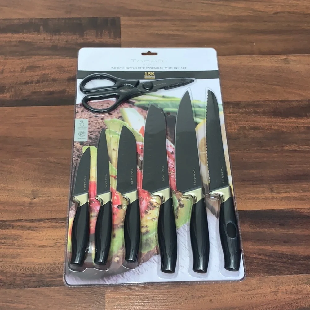 Tahari Home 7-Piece Non-Stick Cutlery Set Black & Gold NWT